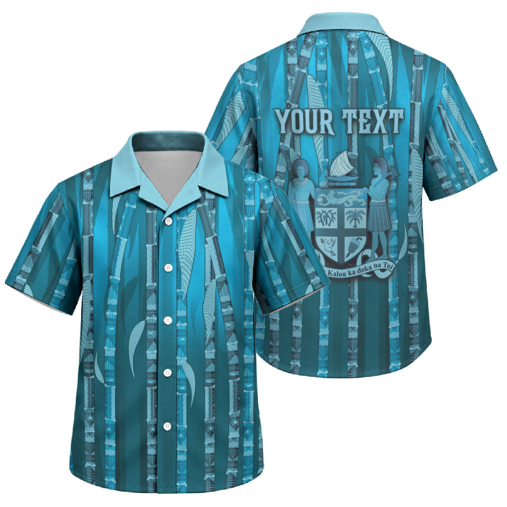 Personalised Fiji Language Week Sugarcane Masi Family Matching Off Shoulder Short Dress and Hawaiian Shirt Blue Tapa Tribal Pattern