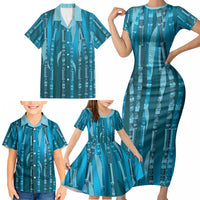 Personalised Fiji Language Week Sugarcane Masi Family Matching Short Sleeve Bodycon Dress and Hawaiian Shirt Blue Tapa Tribal Pattern