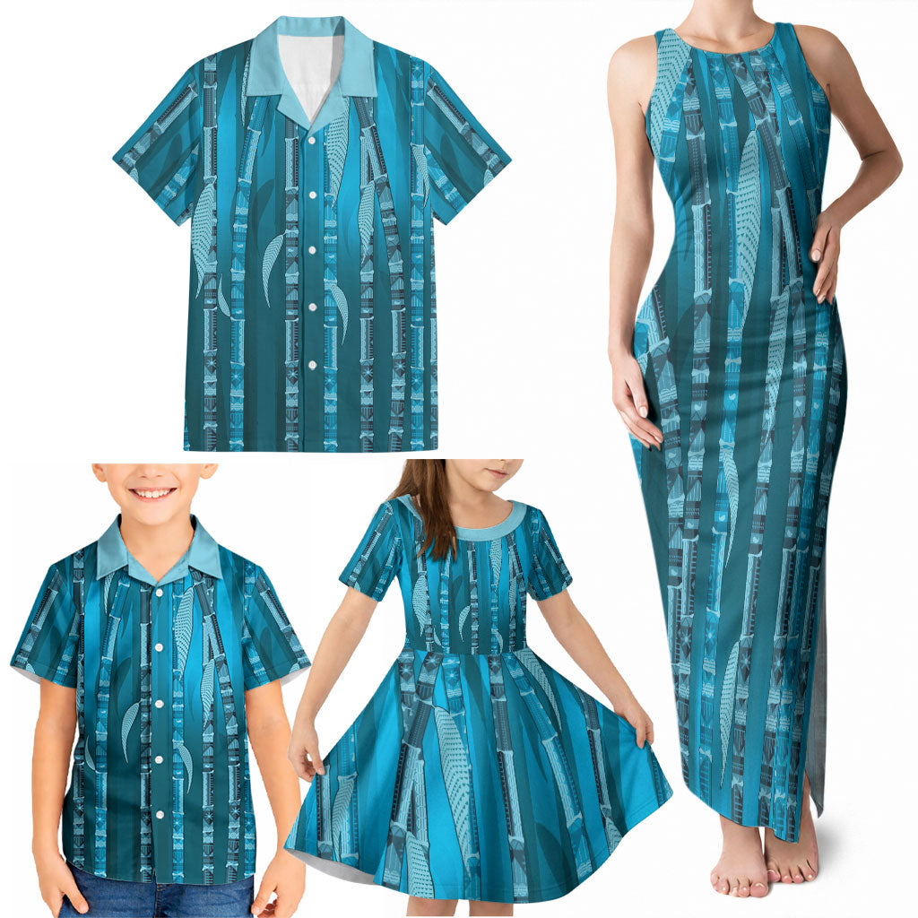 Personalised Fiji Language Week Sugarcane Masi Family Matching Tank Maxi Dress and Hawaiian Shirt Blue Tapa Tribal Pattern