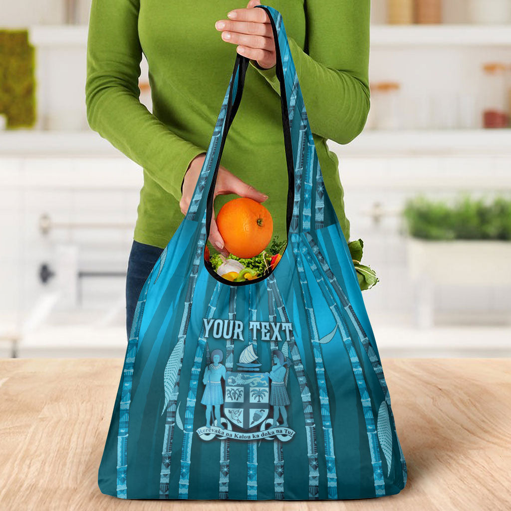 Personalised Fiji Language Week Sugarcane Masi Grocery Bag Blue Tapa Tribal Pattern