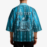 Personalised Fiji Language Week Sugarcane Masi Kimono Blue Tapa Tribal Pattern