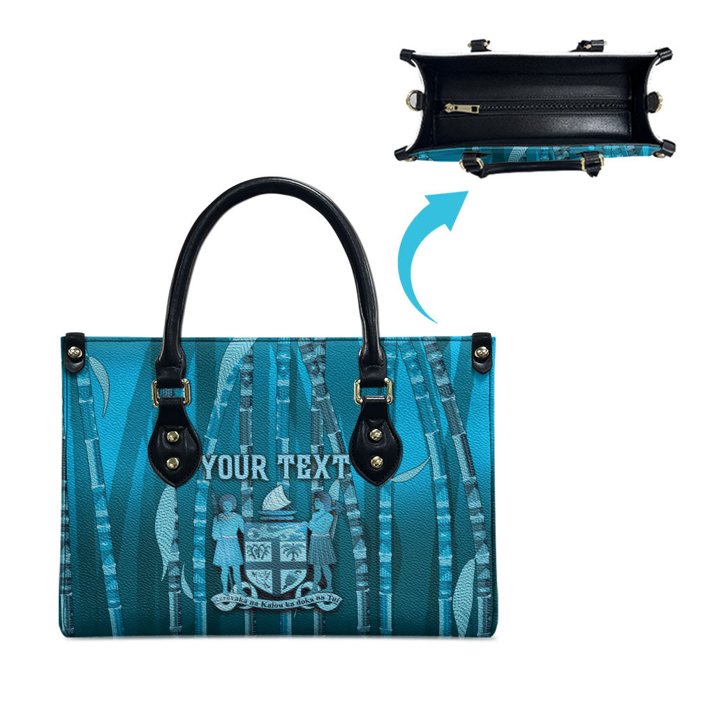 Personalised Fiji Language Week Sugarcane Masi Leather Bag Blue Tapa Tribal Pattern