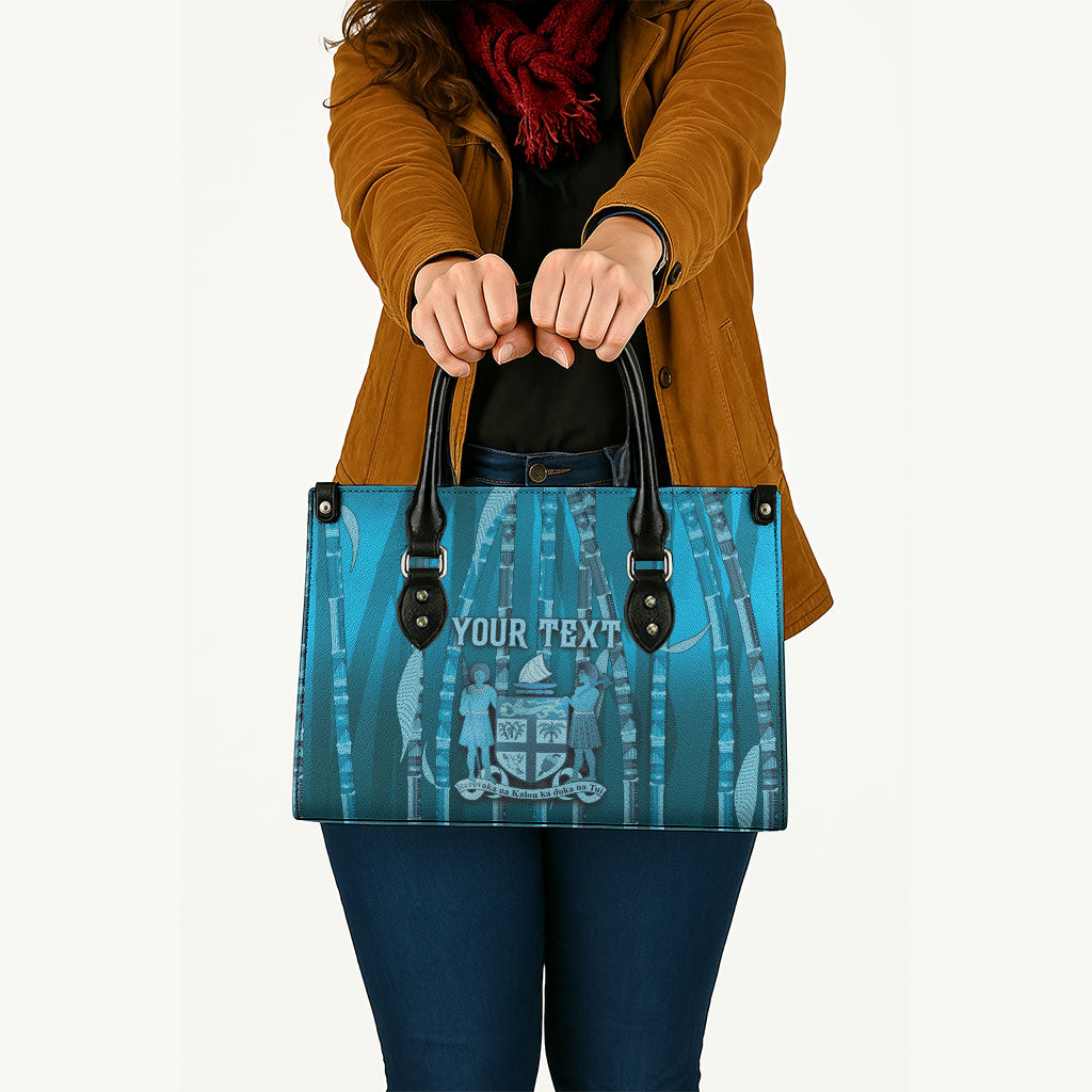 Personalised Fiji Language Week Sugarcane Masi Leather Bag Blue Tapa Tribal Pattern