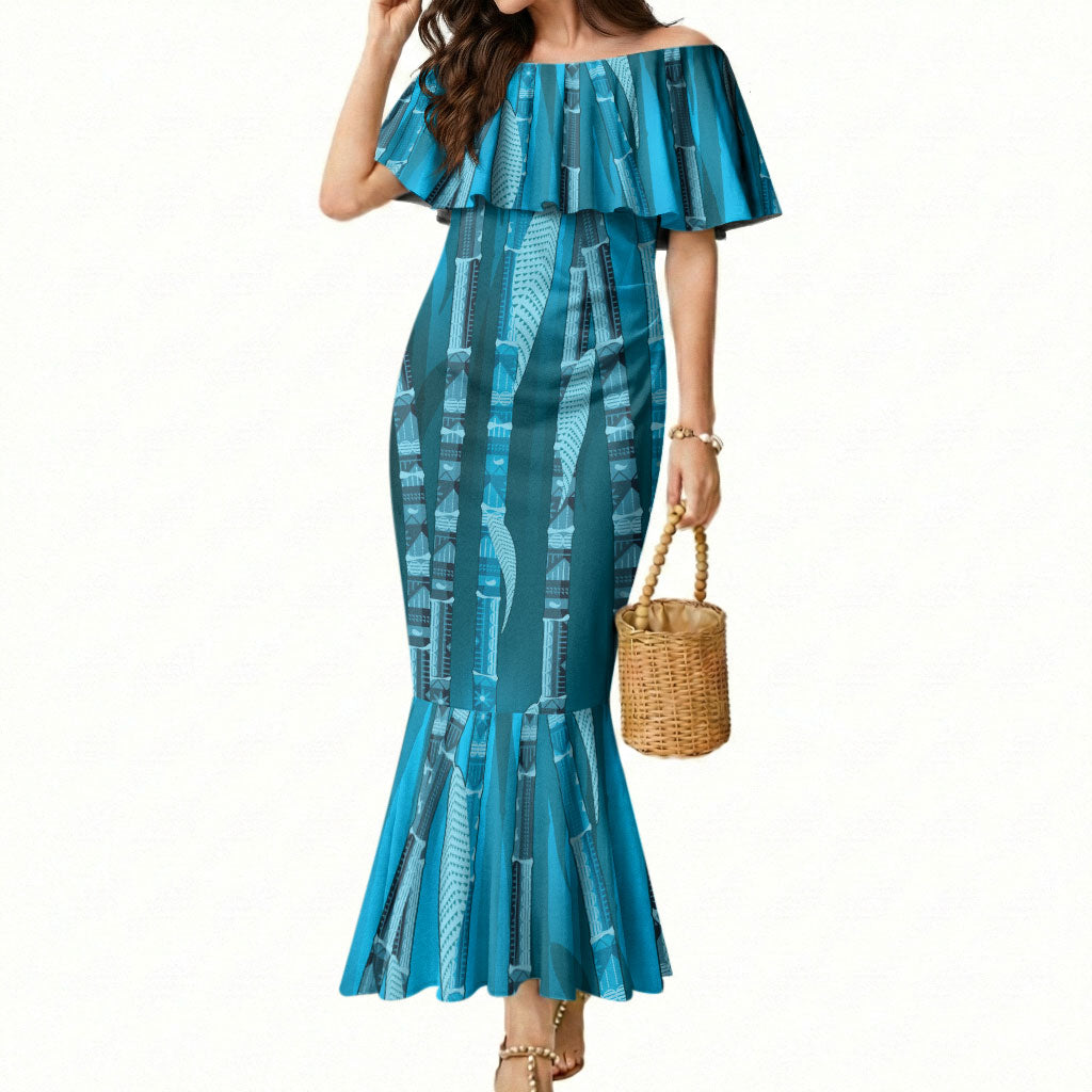 Personalised Fiji Language Week Sugarcane Masi Mermaid Dress Blue Tapa Tribal Pattern