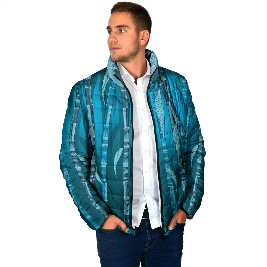 Personalised Fiji Language Week Sugarcane Masi Padded Jacket Blue Tapa Tribal Pattern