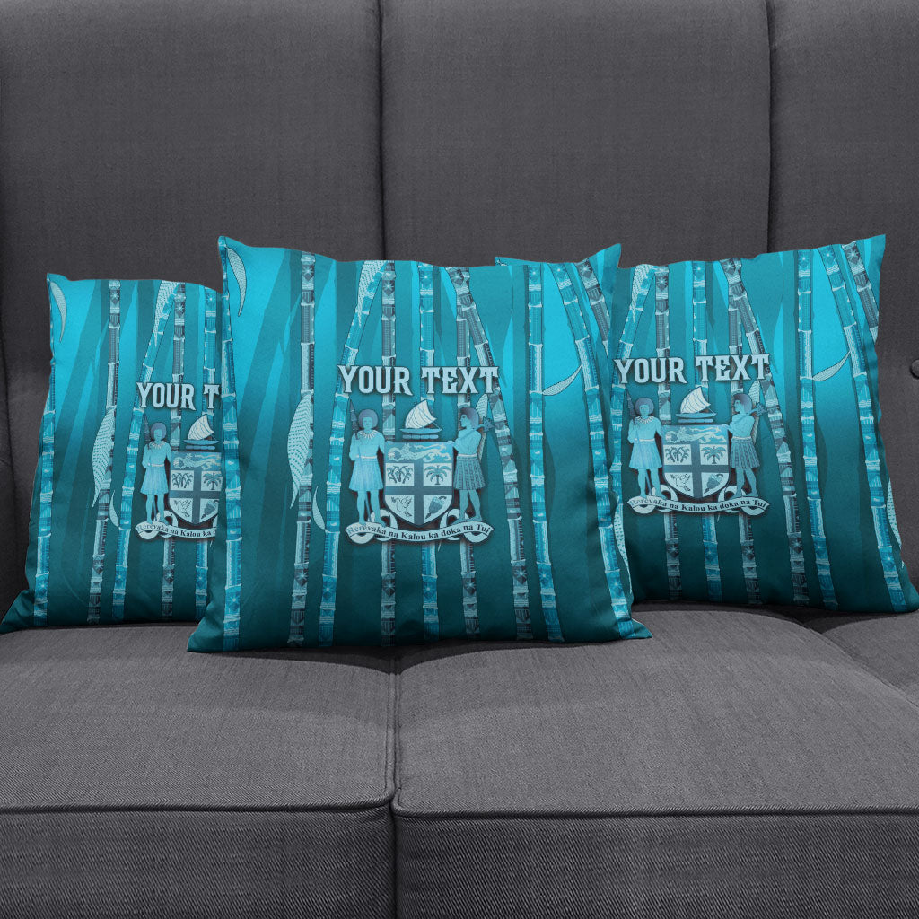 Personalised Fiji Language Week Sugarcane Masi Pillow Cover Blue Tapa Tribal Pattern