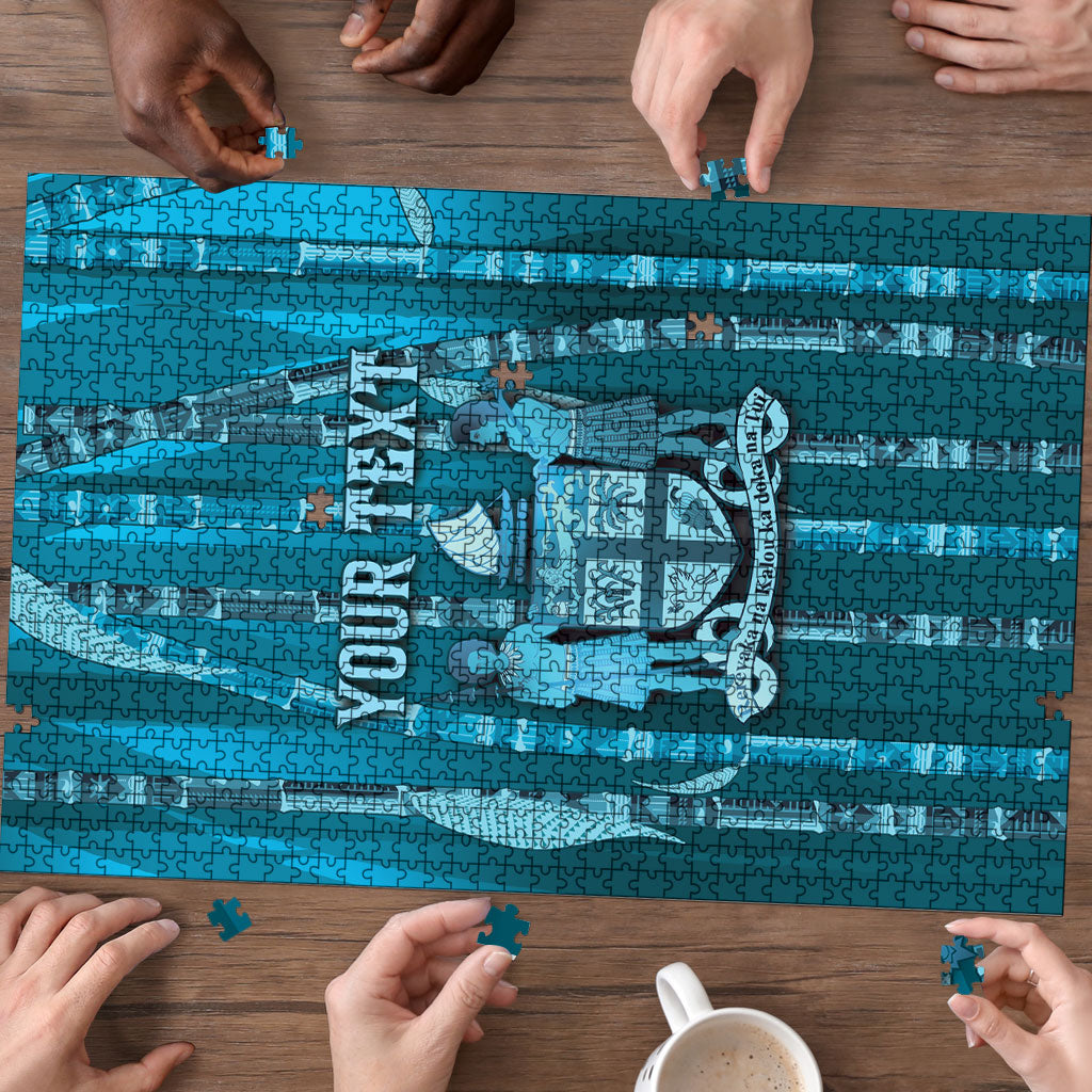 Personalised Fiji Language Week Sugarcane Masi Puzzle Blue Tapa Tribal Pattern