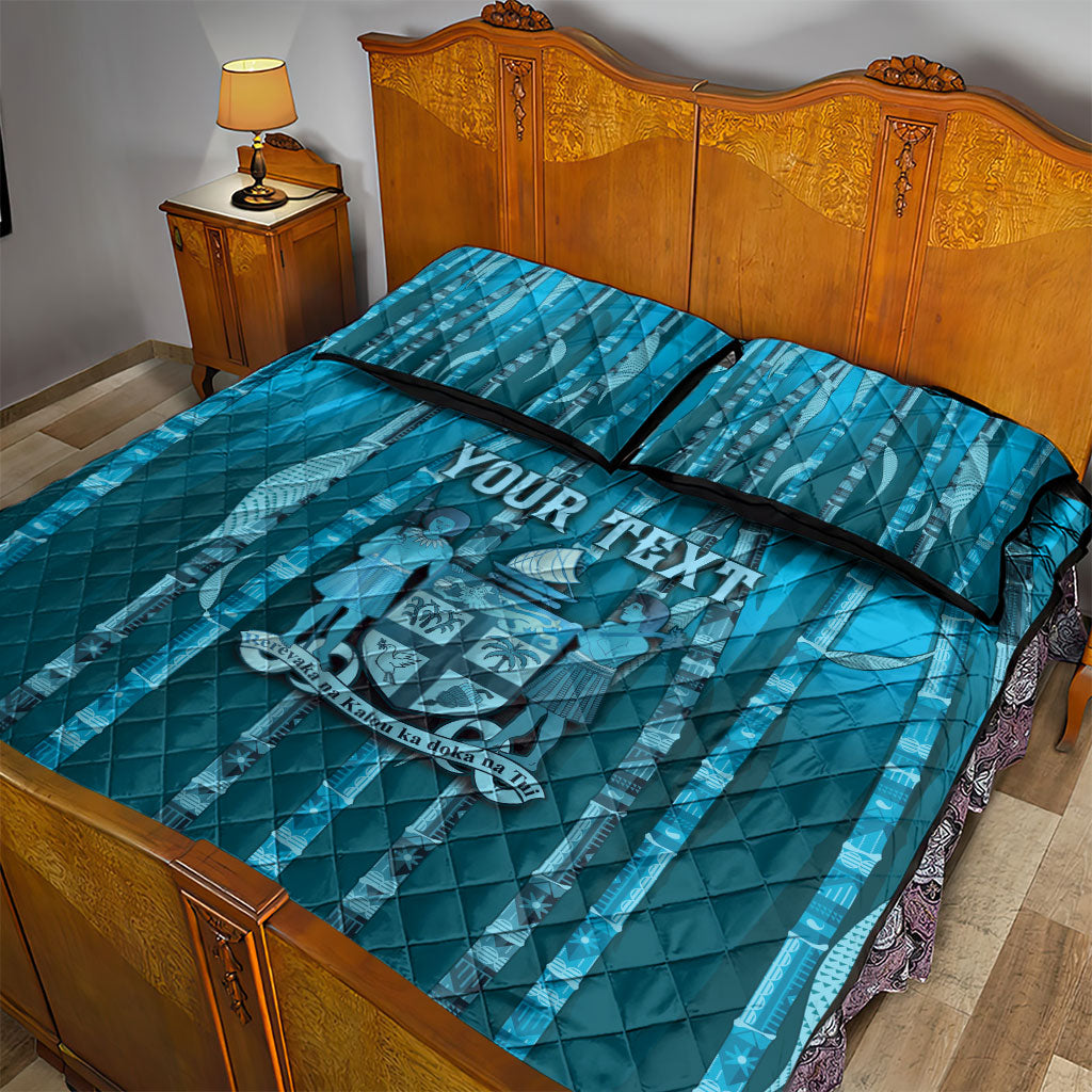 Personalised Fiji Language Week Sugarcane Masi Quilt Bed Set Blue Tapa Tribal Pattern