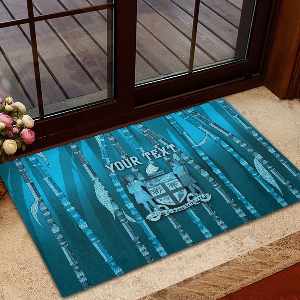 Personalised Fiji Language Week Sugarcane Masi Rubber Doormat Blue Tapa Tribal Pattern