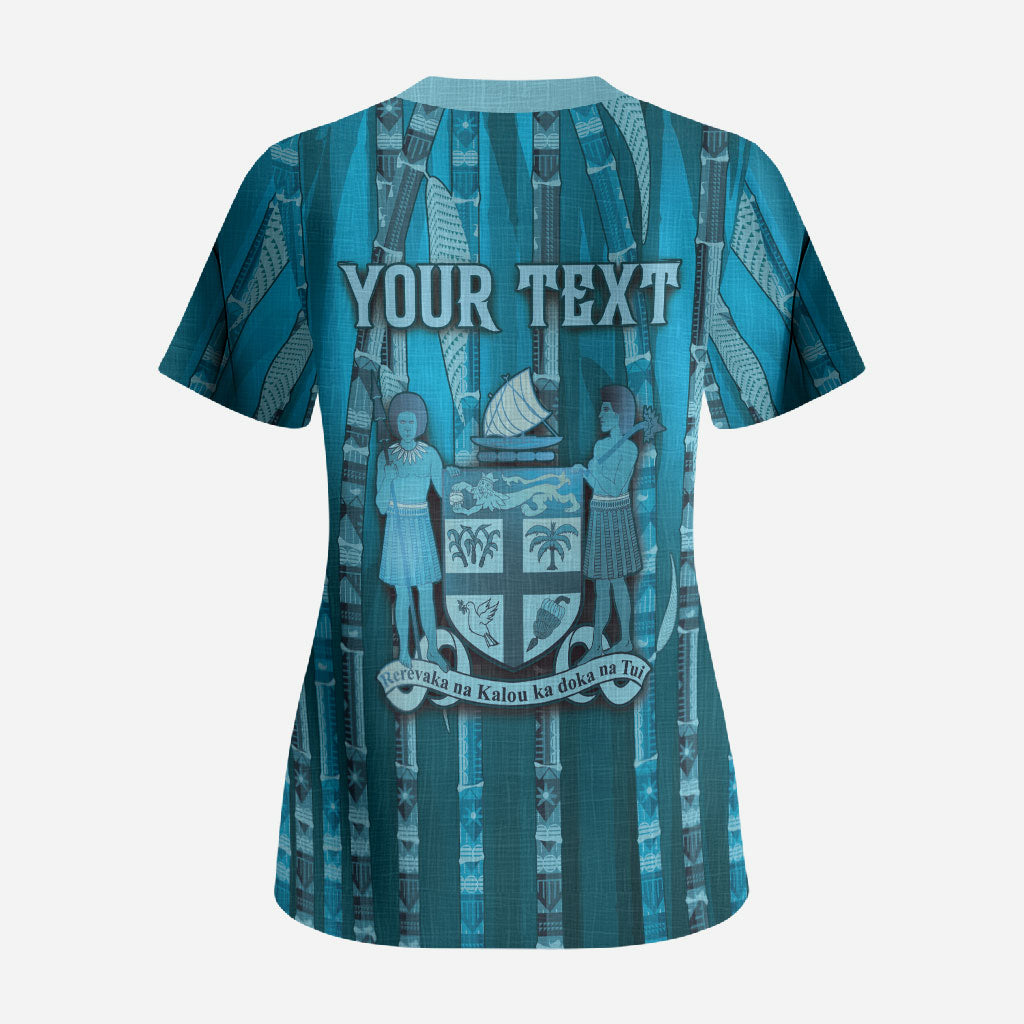 Personalised Fiji Language Week Sugarcane Masi Scrub Top Blue Tapa Tribal Pattern