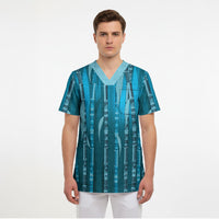Personalised Fiji Language Week Sugarcane Masi Scrub Top Blue Tapa Tribal Pattern