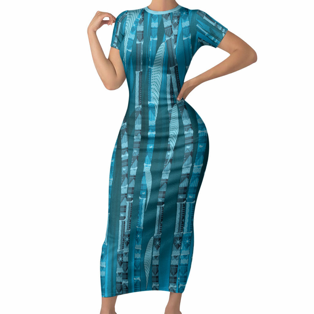 Personalised Fiji Language Week Sugarcane Masi Short Sleeve Bodycon Dress Blue Tapa Tribal Pattern