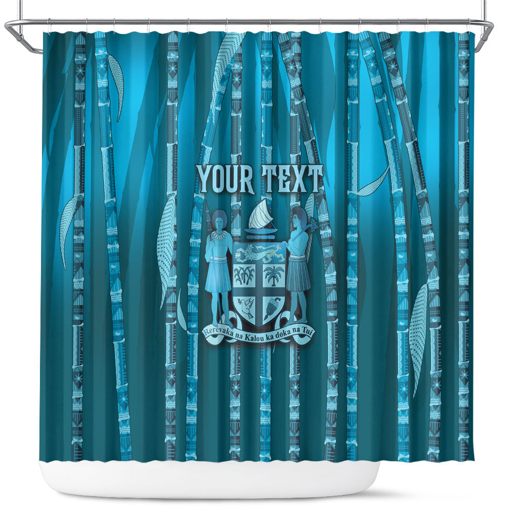Personalised Fiji Language Week Sugarcane Masi Shower Curtain Blue Tapa Tribal Pattern