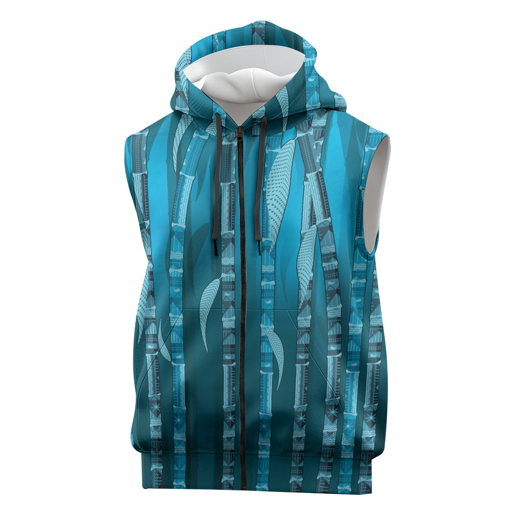Personalised Fiji Language Week Sugarcane Masi Sleeveless Zip Hoodie Blue Tapa Tribal Pattern
