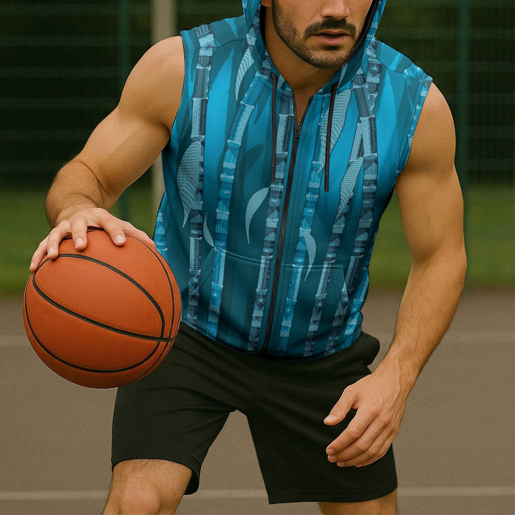 Personalised Fiji Language Week Sugarcane Masi Sleeveless Zip Hoodie Blue Tapa Tribal Pattern