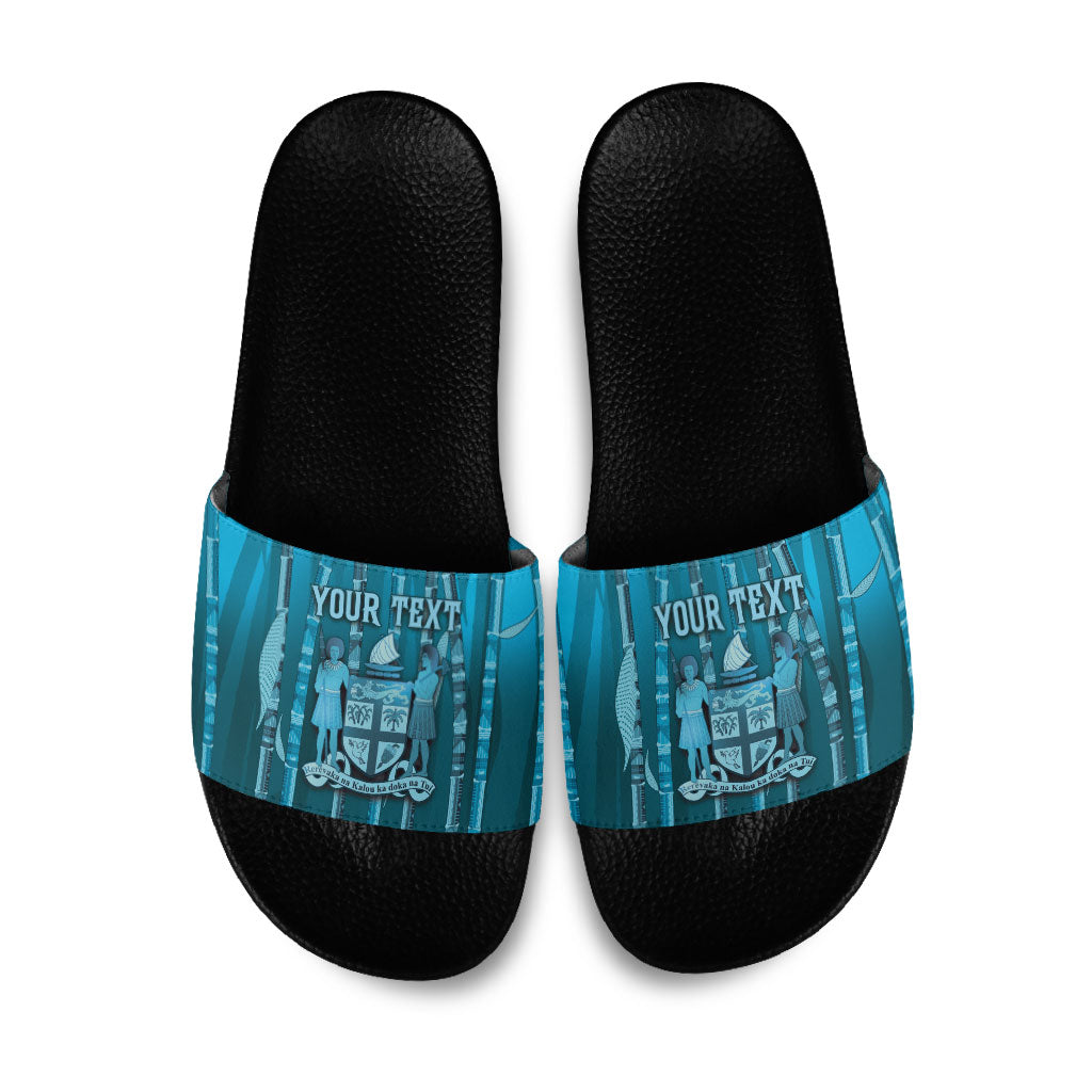 Personalised Fiji Language Week Sugarcane Masi Slide Sandals Blue Tapa Tribal Pattern DT05 Blue - Polynesian Pride