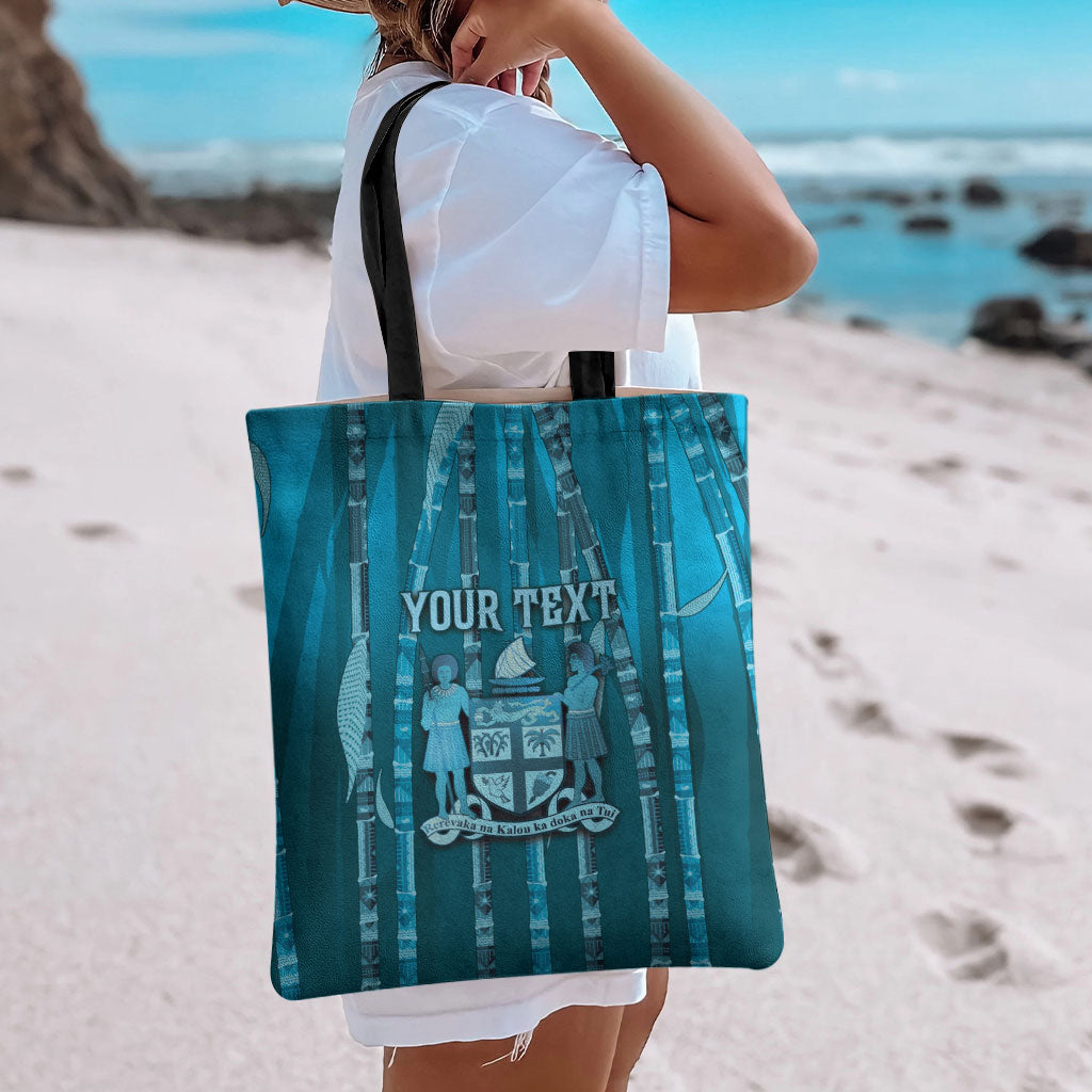 Personalised Fiji Language Week Sugarcane Masi Tote Bag Blue Tapa Tribal Pattern