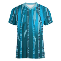 Personalised Fiji Language Week Sugarcane Masi Women V-Neck T-Shirt Blue Tapa Tribal Pattern