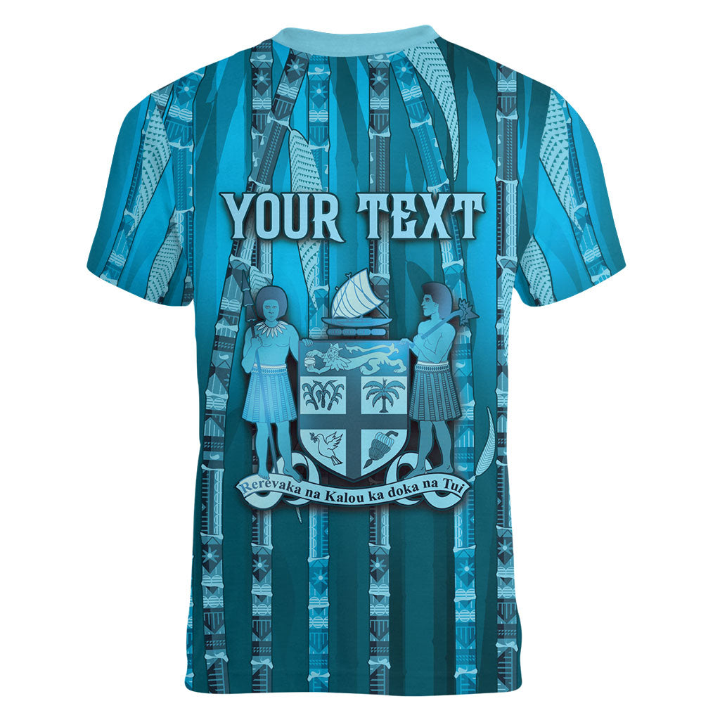 Personalised Fiji Language Week Sugarcane Masi Women V-Neck T-Shirt Blue Tapa Tribal Pattern
