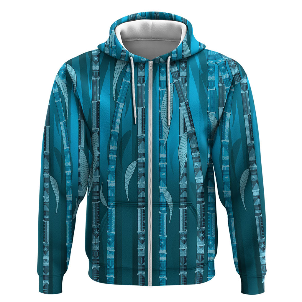 Personalised Fiji Language Week Sugarcane Masi Zip Hoodie Blue Tapa Tribal Pattern