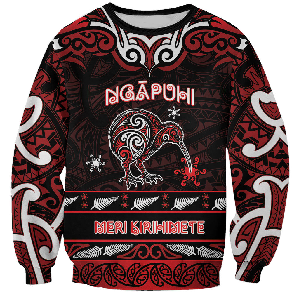 Personalised Ngapuhi Aotearoa Meri Kirihimete Sweatshirt Maori Kiwi Bird Silver Fern Koru Pattern DT05 Unisex Red - Polynesian Pride