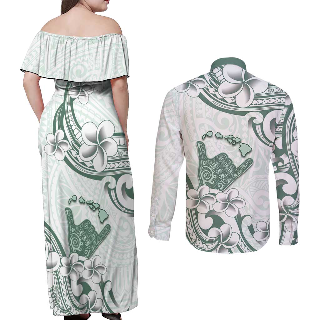 Aloha Hawaii Shaka Couples Matching Off Shoulder Maxi Dress and Long Sleeve Button Shirt Hang Loose Mint Version - Polynesian Pride