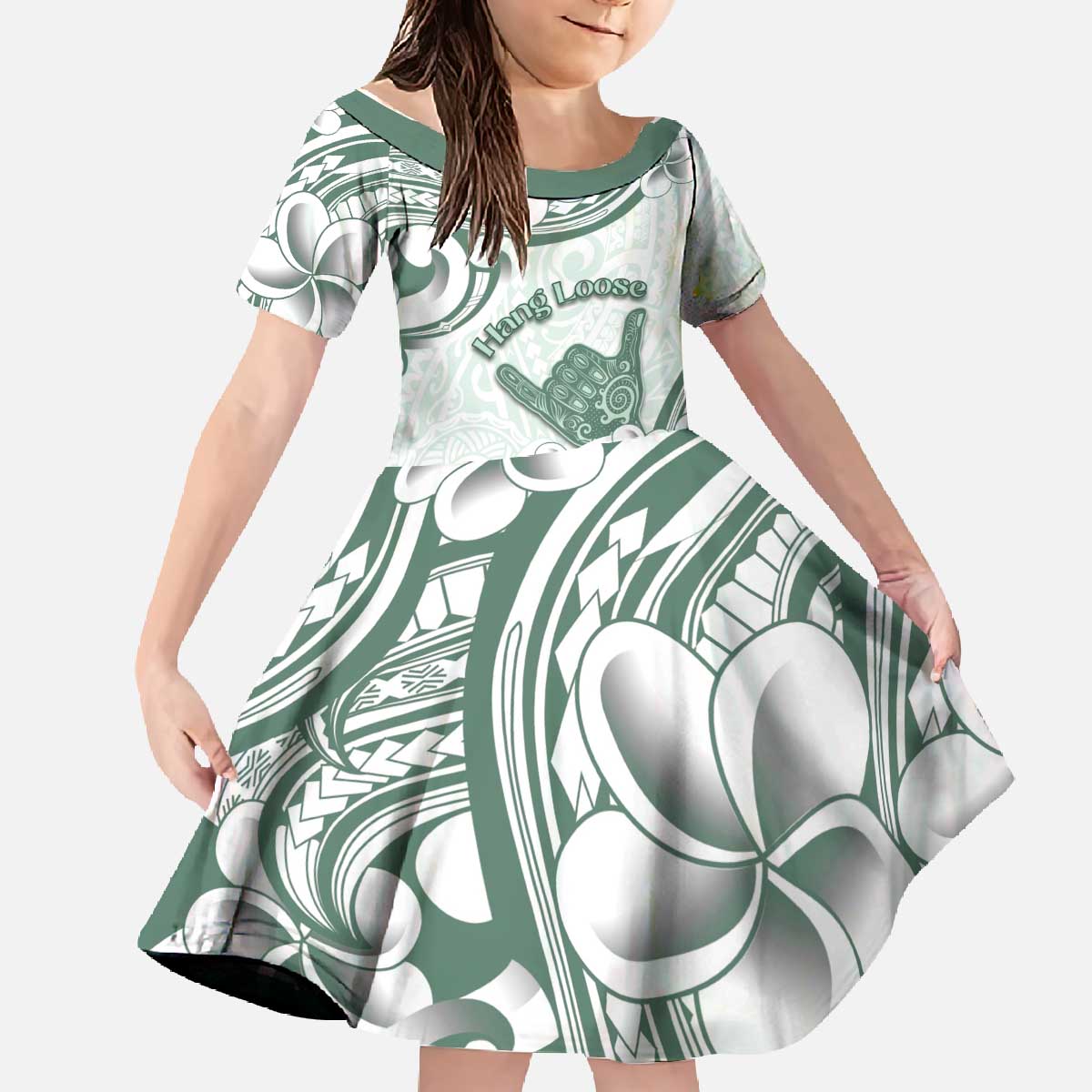 Aloha Hawaii Shaka Family Matching Off The Shoulder Long Sleeve Dress and Hawaiian Shirt Hang Loose Mint Version DT05 Daughter's Dress Mint - Polynesian Pride