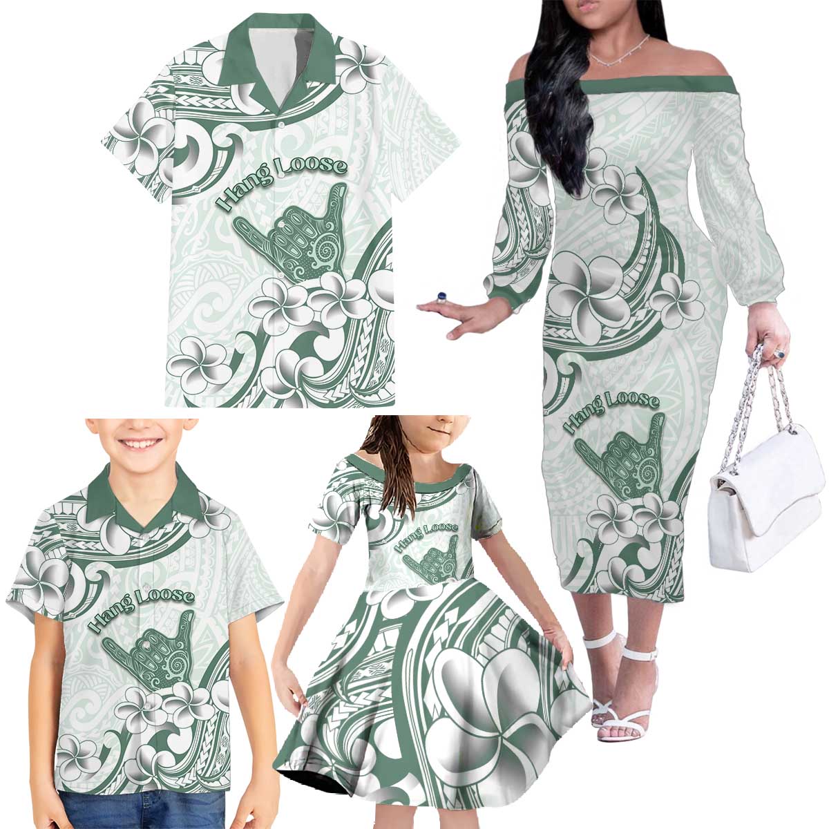 Aloha Hawaii Shaka Family Matching Off The Shoulder Long Sleeve Dress and Hawaiian Shirt Hang Loose Mint Version DT05 - Polynesian Pride