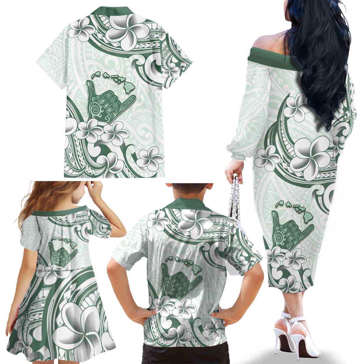 Aloha Hawaii Shaka Family Matching Off The Shoulder Long Sleeve Dress and Hawaiian Shirt Hang Loose Mint Version DT05 - Polynesian Pride