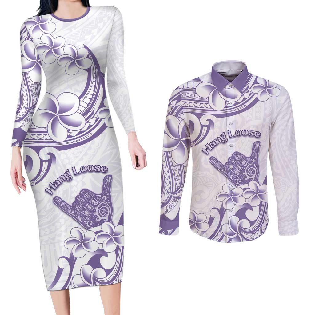 Aloha Hawaii Shaka Couples Matching Long Sleeve Bodycon Dress and Long Sleeve Button Shirt Hang Loose Purple Version - Polynesian Pride