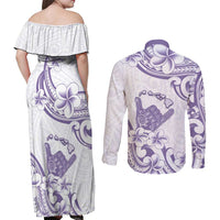 Aloha Hawaii Shaka Couples Matching Off Shoulder Maxi Dress and Long Sleeve Button Shirt Hang Loose Purple Version - Polynesian Pride