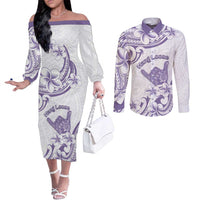 Aloha Hawaii Shaka Couples Matching Off The Shoulder Long Sleeve Dress and Long Sleeve Button Shirt Hang Loose Purple Version - Polynesian Pride
