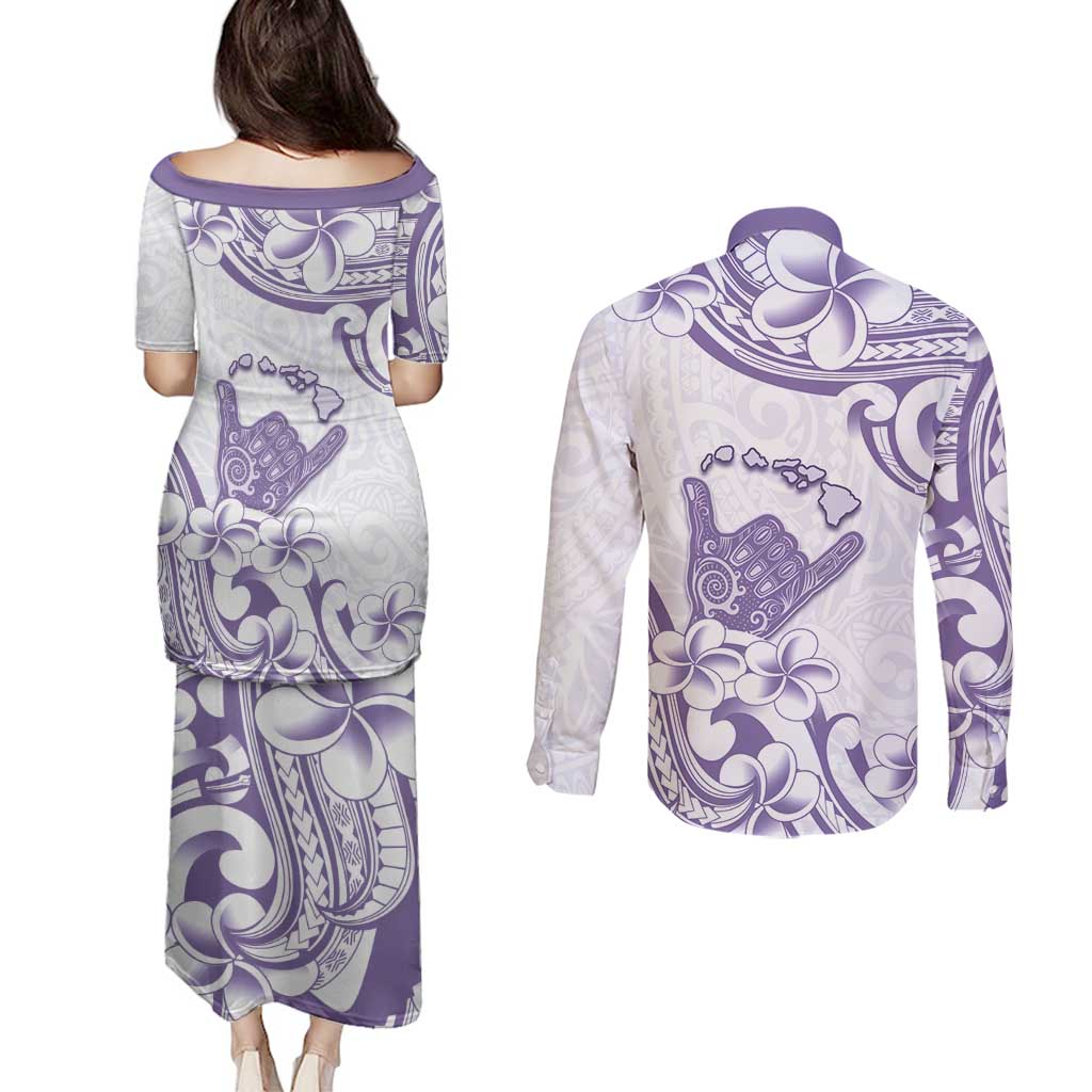 Aloha Hawaii Shaka Couples Matching Puletasi and Long Sleeve Button Shirt Hang Loose Purple Version - Polynesian Pride