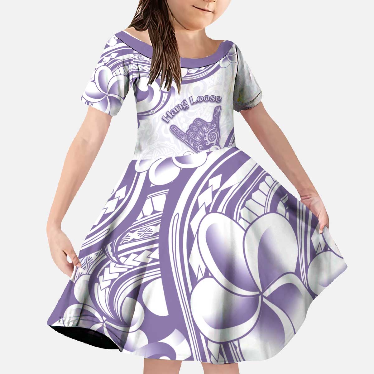 Aloha Hawaii Shaka Family Matching Off The Shoulder Long Sleeve Dress and Hawaiian Shirt Hang Loose Purple Version DT05 Daughter's Dress Purple - Polynesian Pride