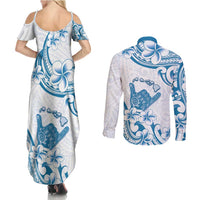 Aloha Hawaii Shaka Couples Matching Summer Maxi Dress and Long Sleeve Button Shirt Hang Loose Blue Version - Polynesian Pride