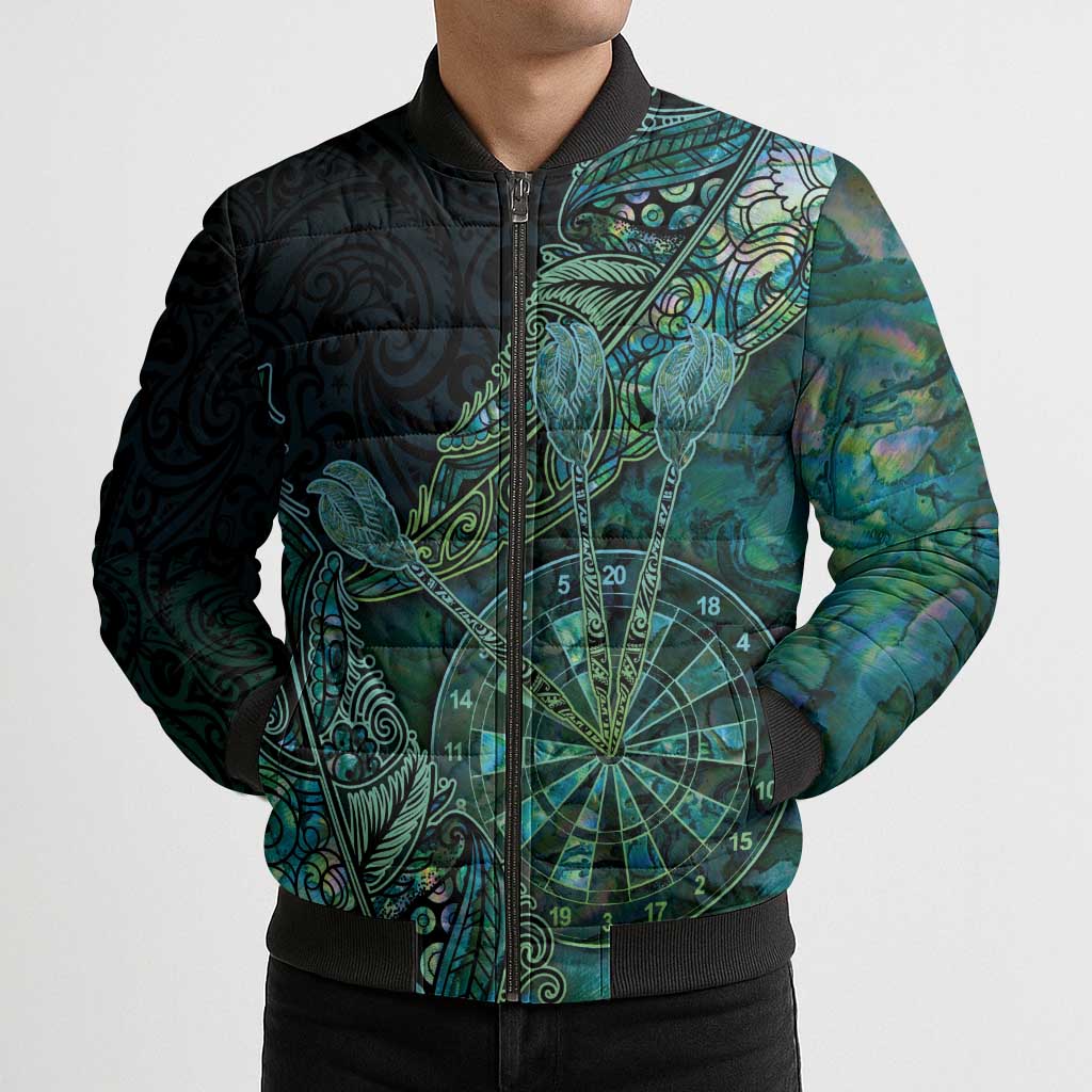 Personalised New Zealand Dart Bomber Puffer Jacket Maori Fern With Paua Shell - Polynesian Pride