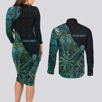 Personalised New Zealand Dart Couples Matching Long Sleeve Bodycon Dress and Long Sleeve Button Shirt Maori Fern With Paua Shell - Polynesian Pride