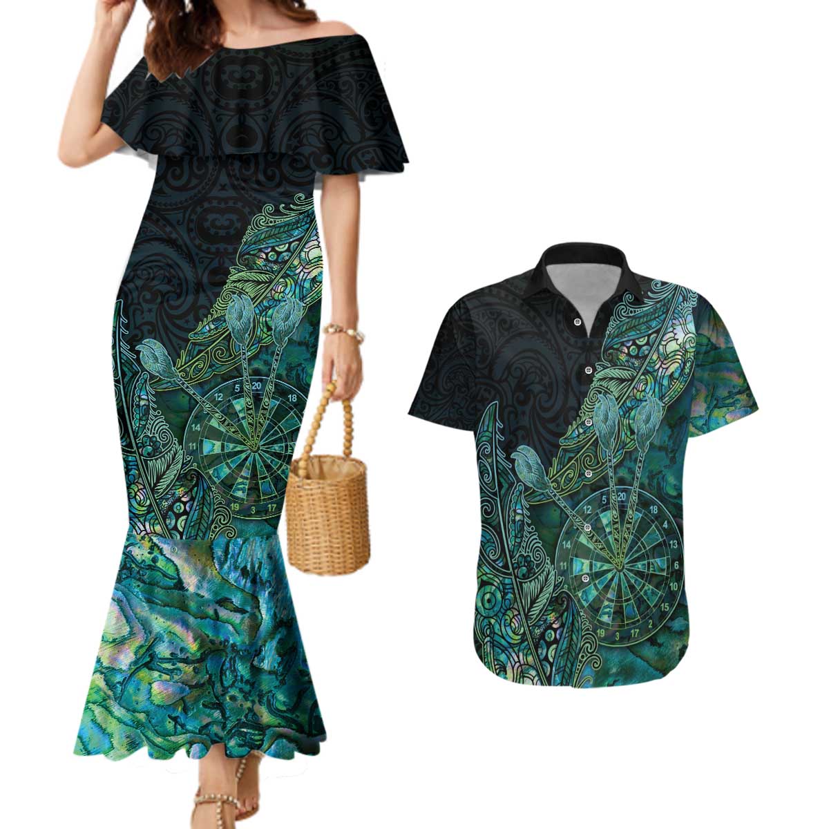 Personalised New Zealand Dart Couples Matching Mermaid Dress and Hawaiian Shirt Maori Fern With Paua Shell - Polynesian Pride