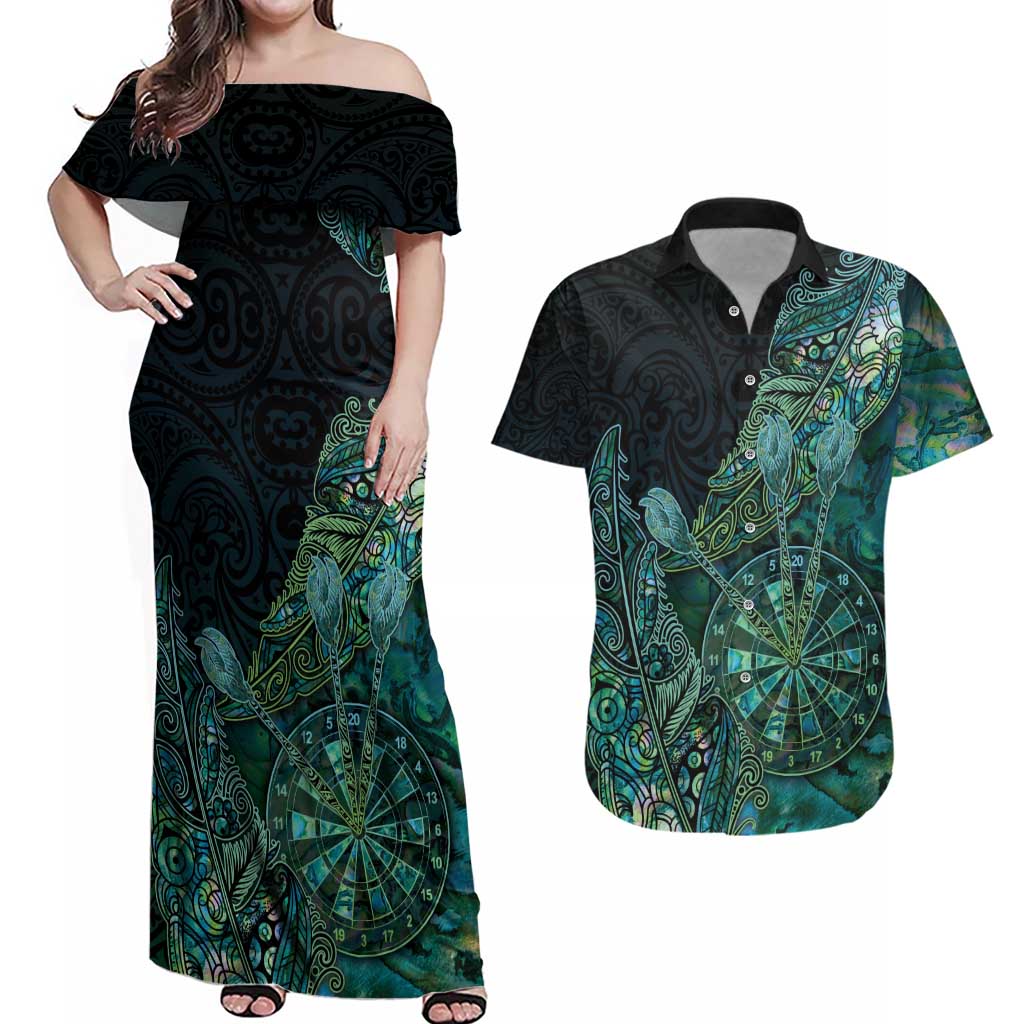 Personalised New Zealand Dart Couples Matching Off Shoulder Maxi Dress and Hawaiian Shirt Maori Fern With Paua Shell - Polynesian Pride