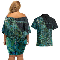 Personalised New Zealand Dart Couples Matching Off Shoulder Short Dress and Hawaiian Shirt Maori Fern With Paua Shell - Polynesian Pride