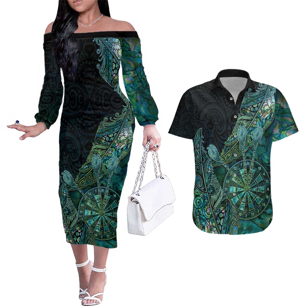 Personalised New Zealand Dart Couples Matching Off The Shoulder Long Sleeve Dress and Hawaiian Shirt Maori Fern With Paua Shell DT05 Green - Polynesian Pride