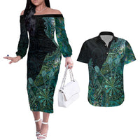 Personalised New Zealand Dart Couples Matching Off The Shoulder Long Sleeve Dress and Hawaiian Shirt Maori Fern With Paua Shell DT05 Green - Polynesian Pride