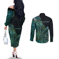 Personalised New Zealand Dart Couples Matching Off The Shoulder Long Sleeve Dress and Long Sleeve Button Shirt Maori Fern With Paua Shell - Polynesian Pride
