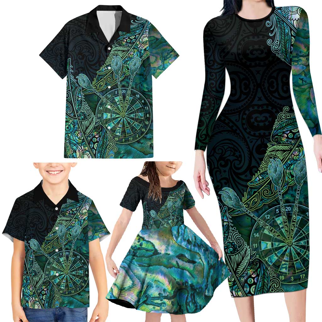 Personalised New Zealand Dart Family Matching Long Sleeve Bodycon Dress and Hawaiian Shirt Maori Fern With Paua Shell DT05 - Polynesian Pride