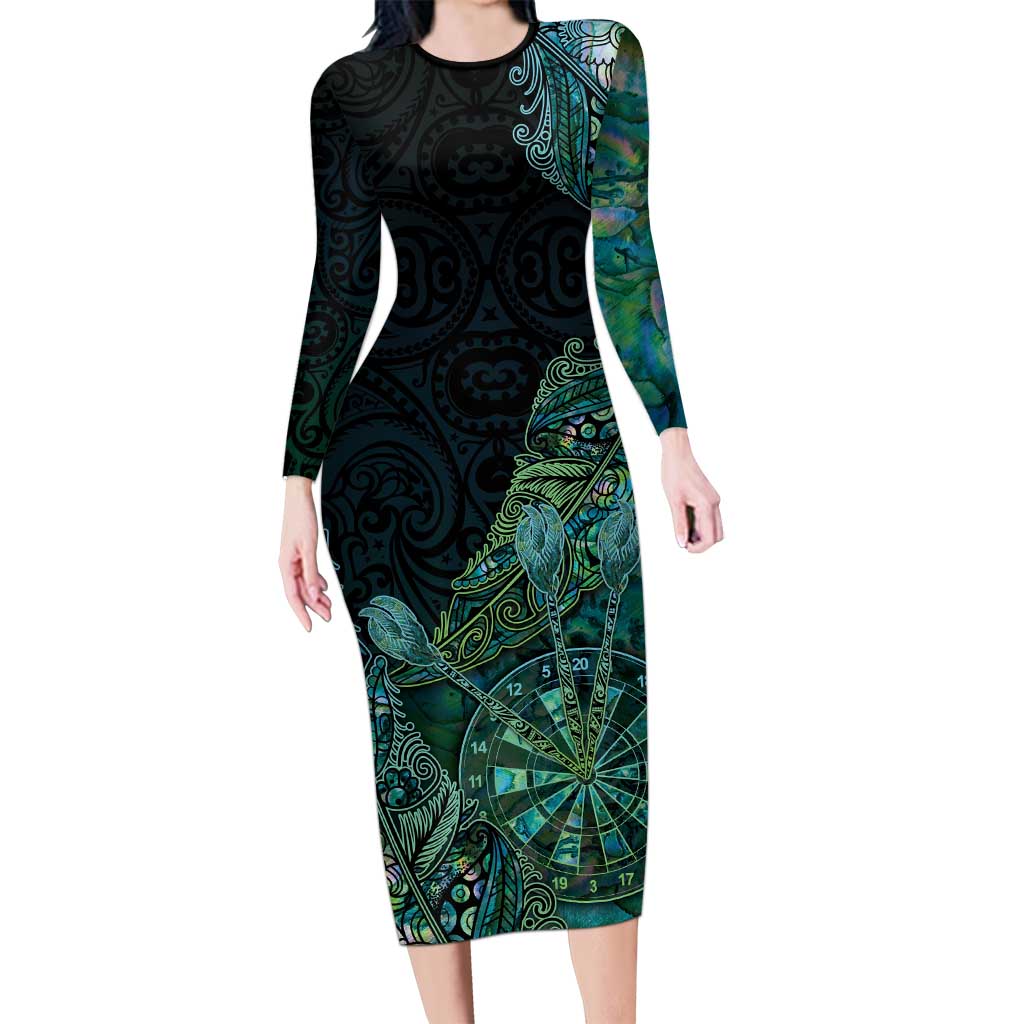 Personalised New Zealand Dart Family Matching Long Sleeve Bodycon Dress and Hawaiian Shirt Maori Fern With Paua Shell DT05 Mom's Dress Green - Polynesian Pride