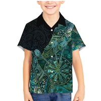 Personalised New Zealand Dart Family Matching Mermaid Dress and Hawaiian Shirt Maori Fern With Paua Shell DT05 Son's Shirt Green - Polynesian Pride