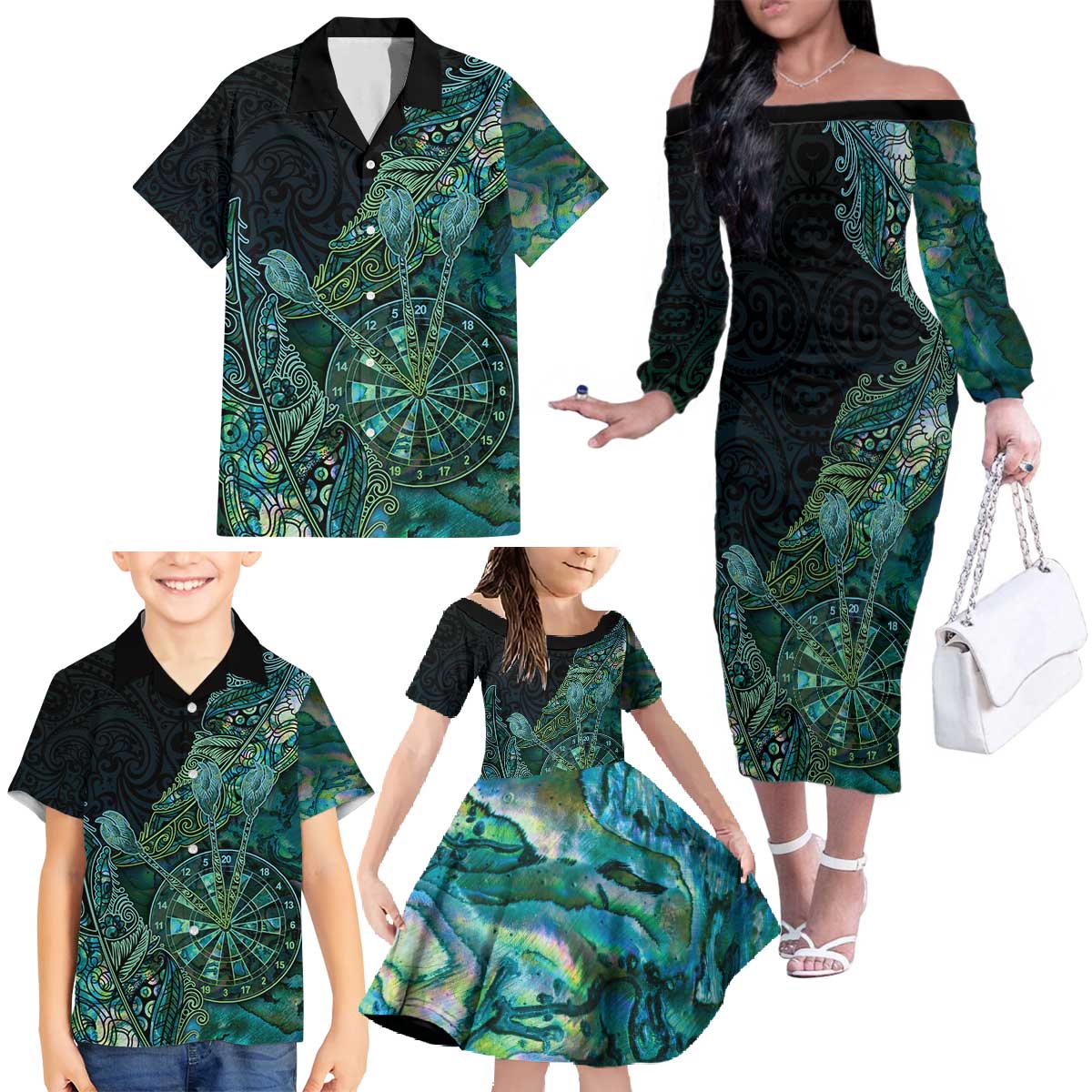 Personalised New Zealand Dart Family Matching Off The Shoulder Long Sleeve Dress and Hawaiian Shirt Maori Fern With Paua Shell DT05 - Polynesian Pride