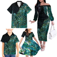 Personalised New Zealand Dart Family Matching Off The Shoulder Long Sleeve Dress and Hawaiian Shirt Maori Fern With Paua Shell DT05 - Polynesian Pride