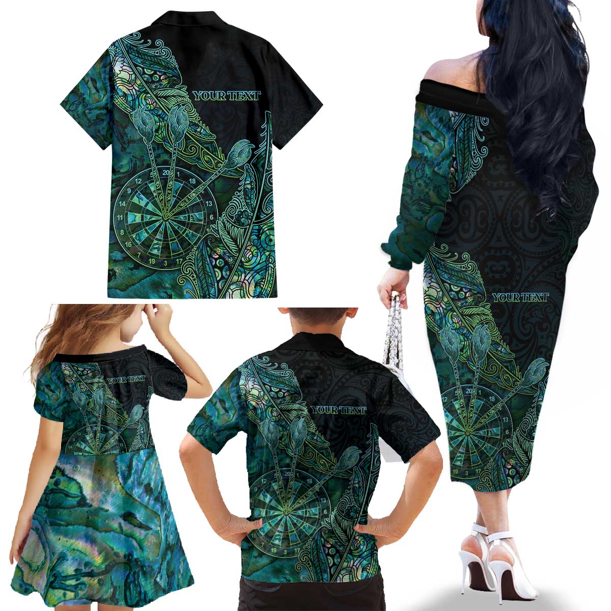 Personalised New Zealand Dart Family Matching Off The Shoulder Long Sleeve Dress and Hawaiian Shirt Maori Fern With Paua Shell DT05 - Polynesian Pride