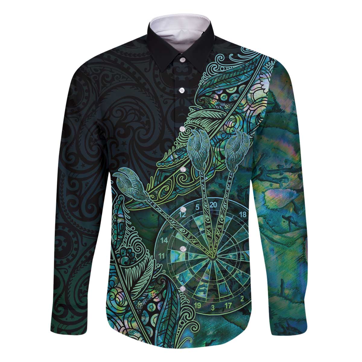 Personalised New Zealand Dart Family Matching Off The Shoulder Long Sleeve Dress and Hawaiian Shirt Maori Fern With Paua Shell DT05 Dad's Shirt - Long Sleeve Green - Polynesian Pride
